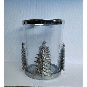 Well Dressed Home Christmas Tree Glass Hurricane Candle Holder Silver Metal